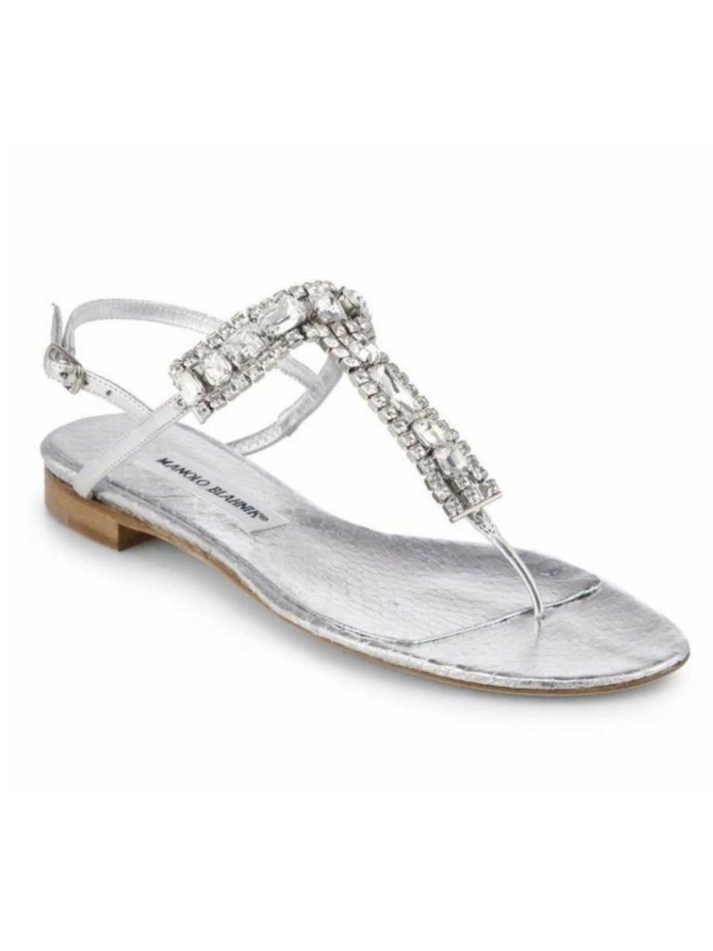 Manolo Blahnik Sandals Jeweled Embellished Silver Metallic Snakeskin Rhinestones